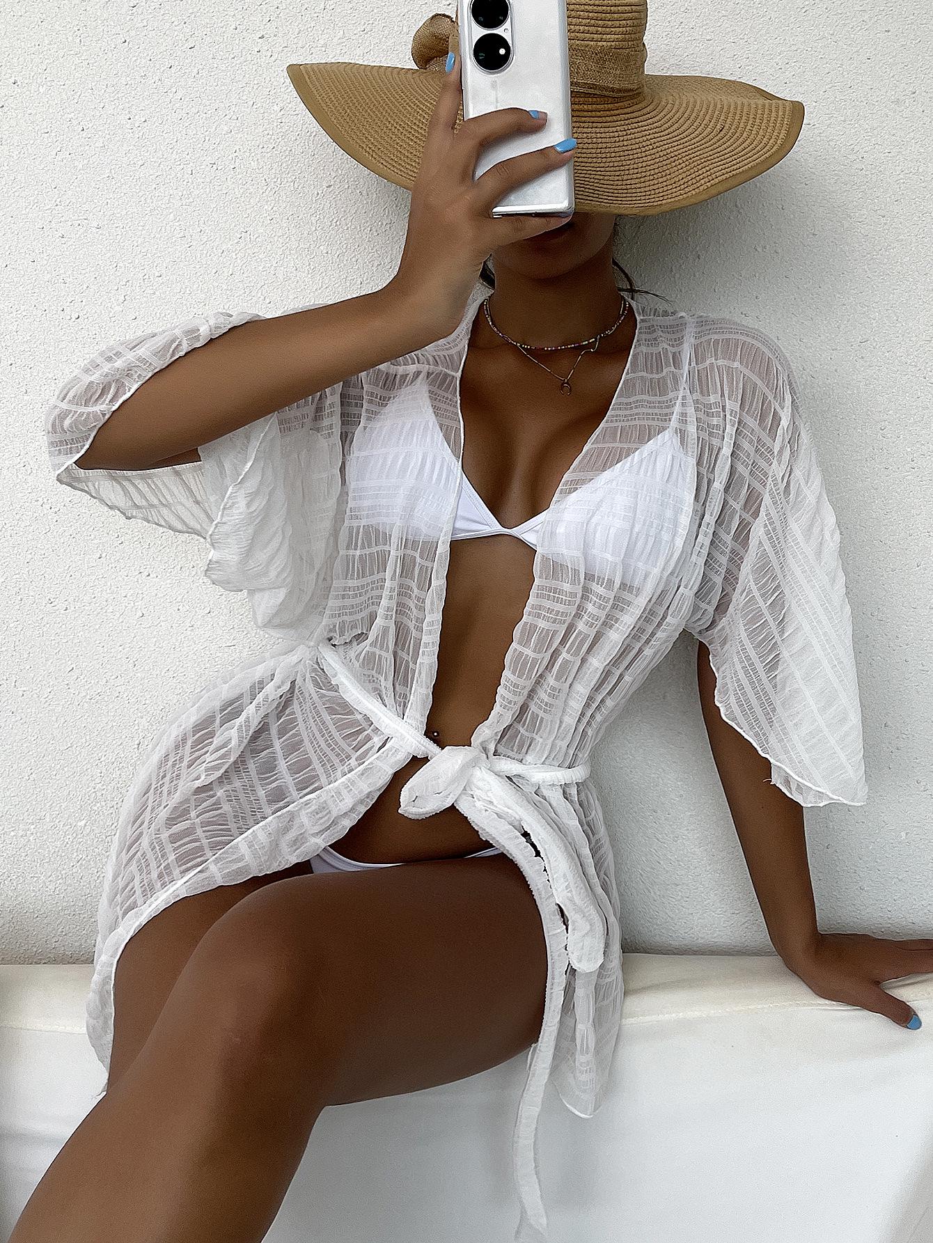 

2023 Европейский и американский женский белый прозрачный пляжный кардиган-платье - Повседневная накидка на бикини и солнцезащитная одежда One Size белый