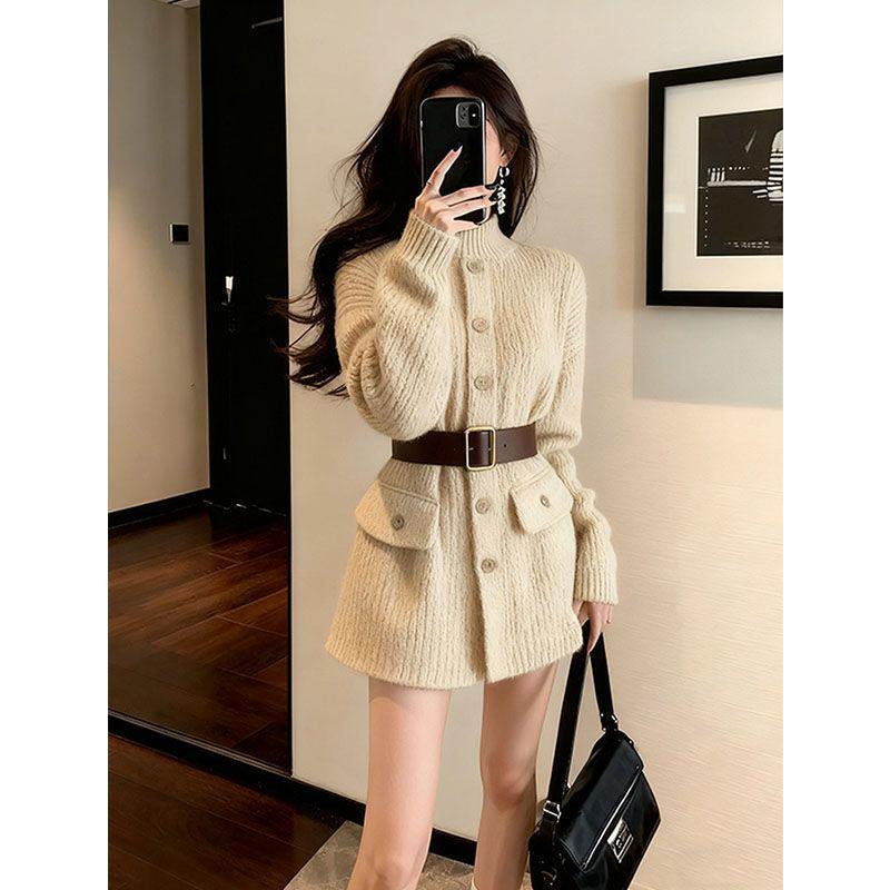 

Women s Khaki High Neck A-line Knit Dress - Autumn/Winter Slimming Sweater Skirt S