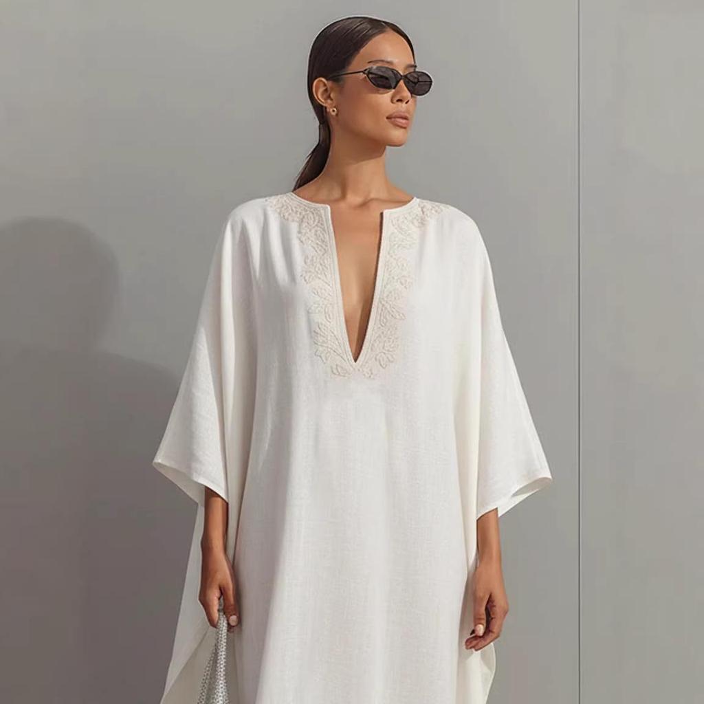 European and American V-Neck Loose Long Robe: Elegant Women's Kaftan Dress with New Style Print