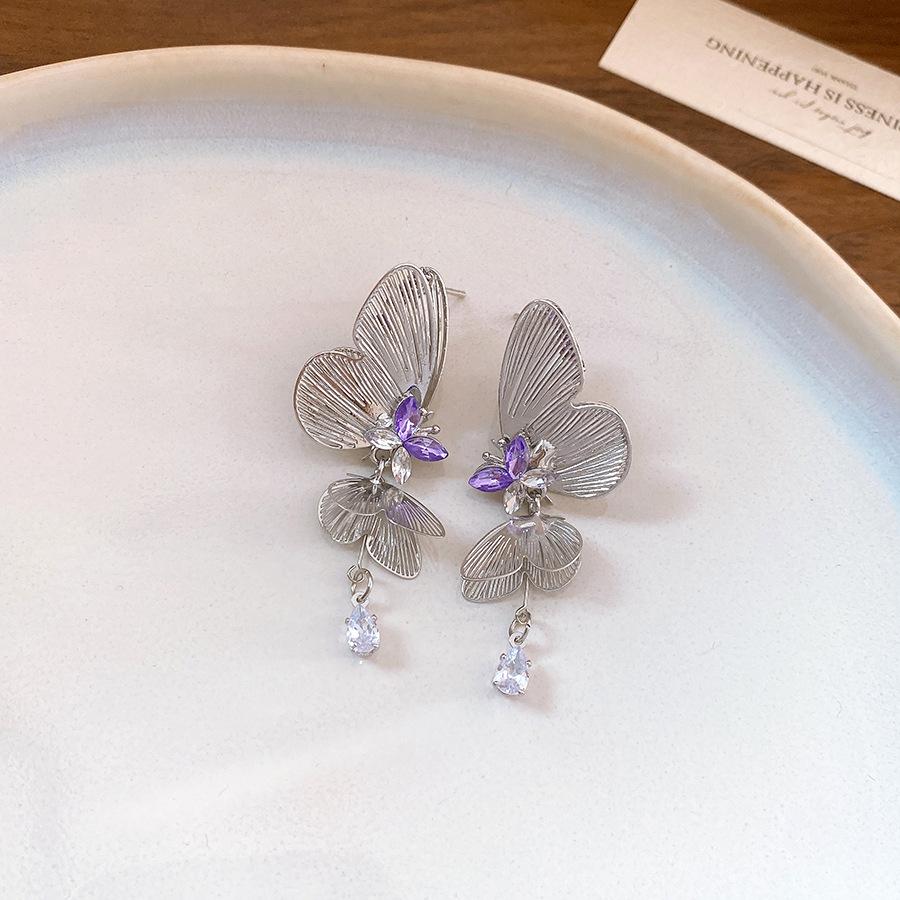 Silver Needle Hollow Butterfly Diamond Drop Tassel Earrings Seaside Holiday Wind Long Earrings Sweet Premium Earrings