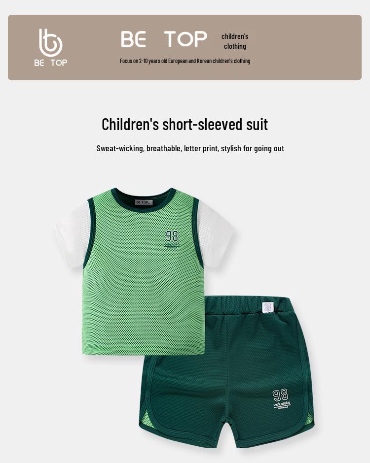 2026 Children's Casual Color Block Two-Piece Shorts & Short Sleeve Sports Set - Boys' Korean Style Fashion.