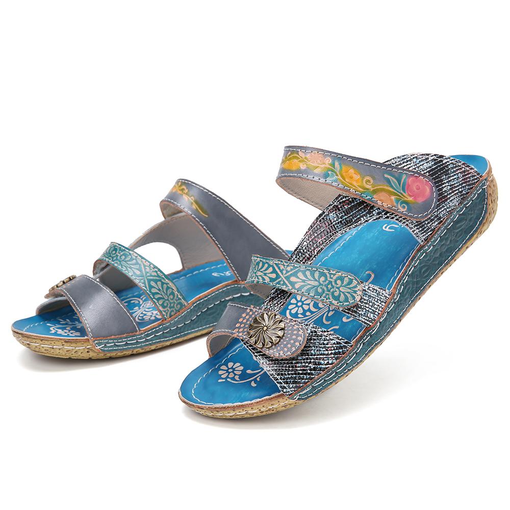 women retro leather painted embossed floral soft footbed orthopedic shoes