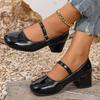 Fashion New Elegant Red Black Mary Jane Shoes for Women Patent Leather Thick Heel Dress Shoes Woman Round Toe Buckle Strap Women's Pumps