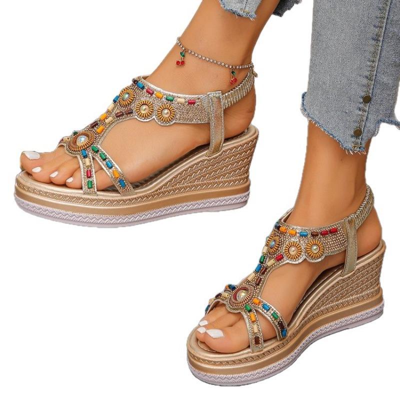 Women's Bohemian Beaded Elastic Strap Sandals, Rhinestone Platform Wedge Summer Shoes, Plus Size Fashion Footwear