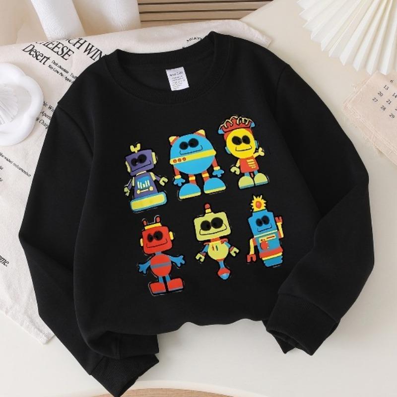 Kids Crewneck Long Sleeve Sweatshirt, Colorful Cartoon Robot Characters Print