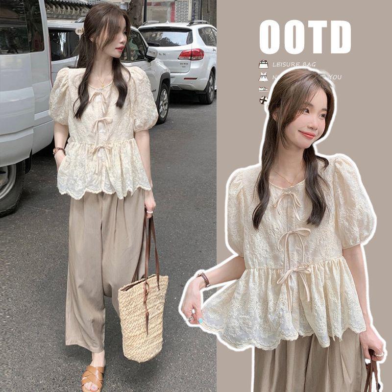 

Elegant Maternity Lace Top & Wide-Leg Pants Two-Piece Summer Set for Outings M