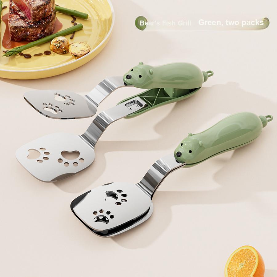Small Bear Fried Fish Turner 2-in-1 Stainless Steel Food Clip Long Handle Anti-Slip Oil Draining Spatula Heat Resistant Clip