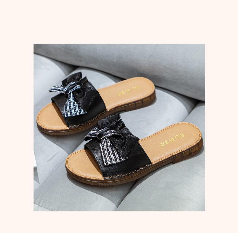 Fashion Cow Leather Sandals 2025 New Women's Slippers Bow Large Size 35-43 Beef Tendon Sole Soft Sole Geunine Leather Slippers