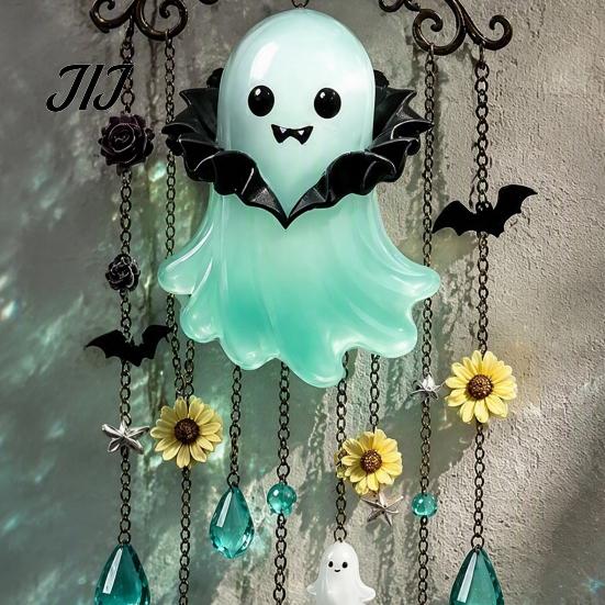 Spooky Home Decor Halloween Ghost Wind Chime Decoration, Vintage Sun Catcher with Faux Crystal Window Hanging Decoration Drops Tassels, Acrylic