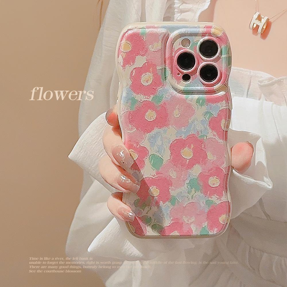Oil Painting Girl Pink Flowers for IPhone15 for Apple 17promax Mobile Phone Case Wavy Edge 13 Silicone 16 for 11