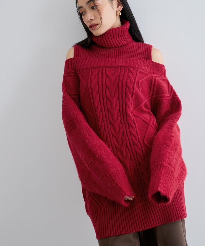 Washable Cable Knit Red F [BIS] Off-the-Shoulder Dress, Women's, BVE44140, (Size 60),