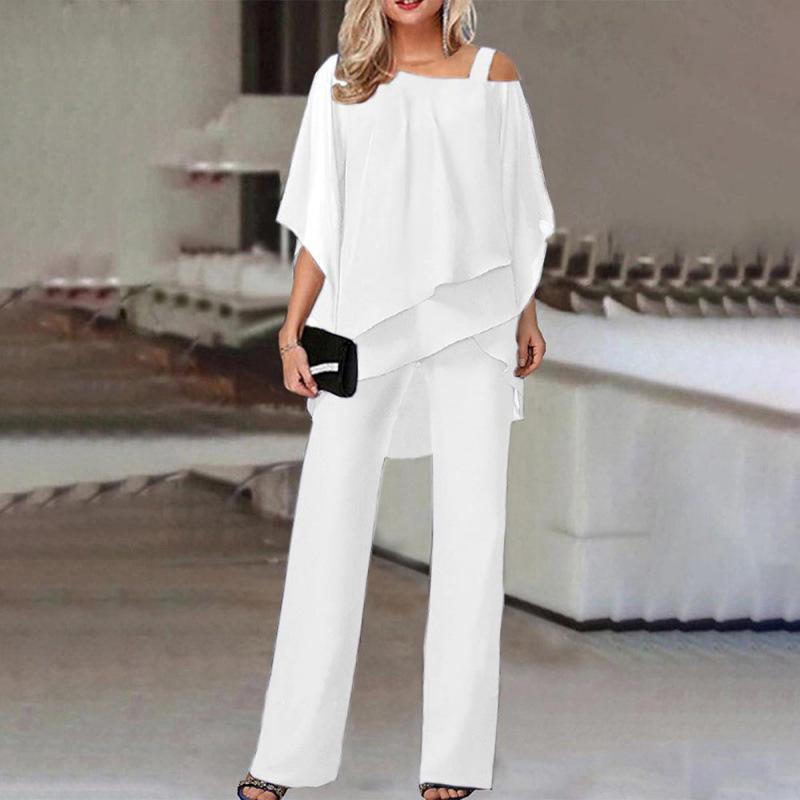 "Women's Solid Color Bat Sleeve Trousers and Irregular Casual Suit"
