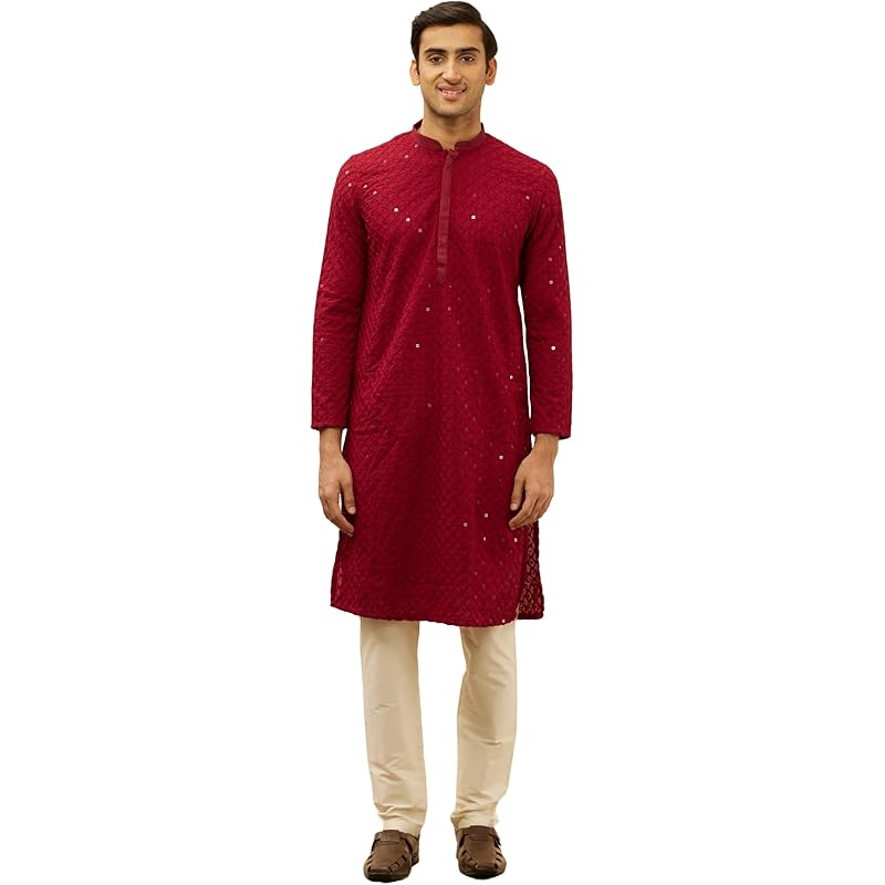 Manyavar Mens Maroon Blended Cotton CHIKANKARI Kurta Pyjama Set