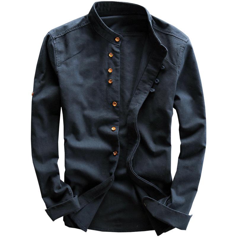 2026 Men's Casual Linen Shirt - Autumn/Winter Chinese Style with Stand Collar