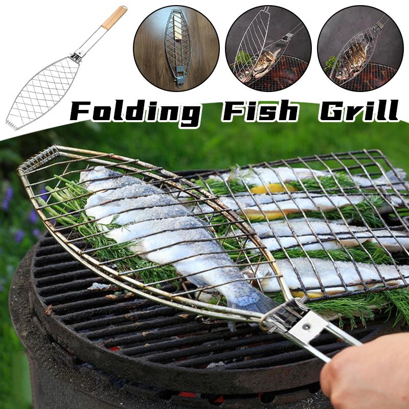 Barbecue Mesh Fish Meat Grill Wooden Handle Stainless Steel Grill Fish Basket BBQ Net Folding Portable Grilled Fish Clip