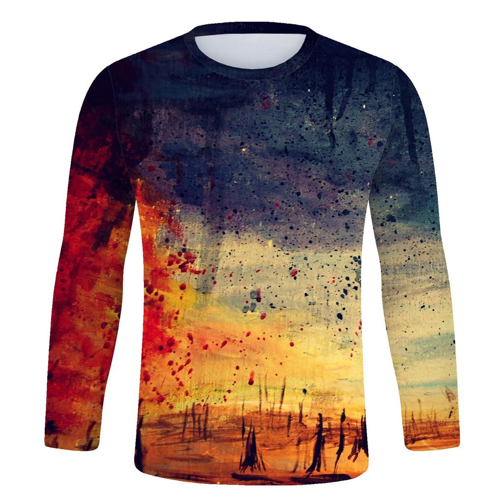 Men's Fashion Casual Printed Long Sleeve O-Neck Shirts Tops Blouse