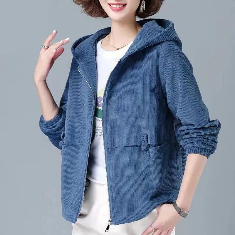 Corduroy Women's Short Jacket Korean Version Loose Spring and Autumn Versatile Style Plus Size Slimming Jacket Casual Hoodie for Women