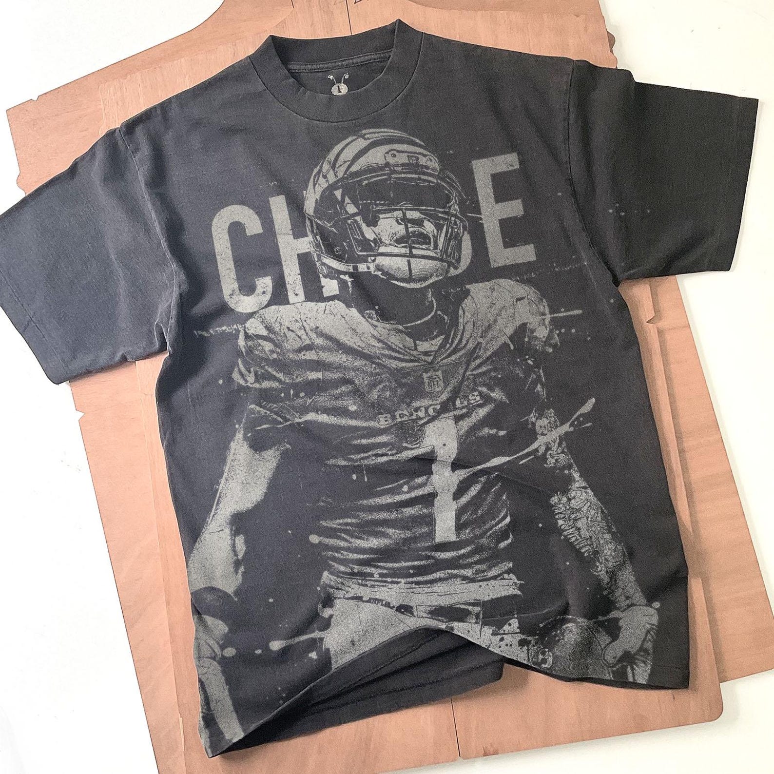 Ja Marr chase Bleached T-Shirt: Handmade Cincinnati Football Faded Black Cotton Tee 2XL