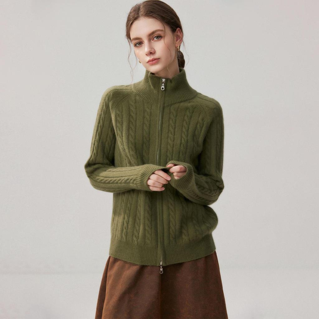 Women's Elegant Cashmere Cable Knit Half-High Neck Zip Cardigan - Autumn/Winter 2026 Collection