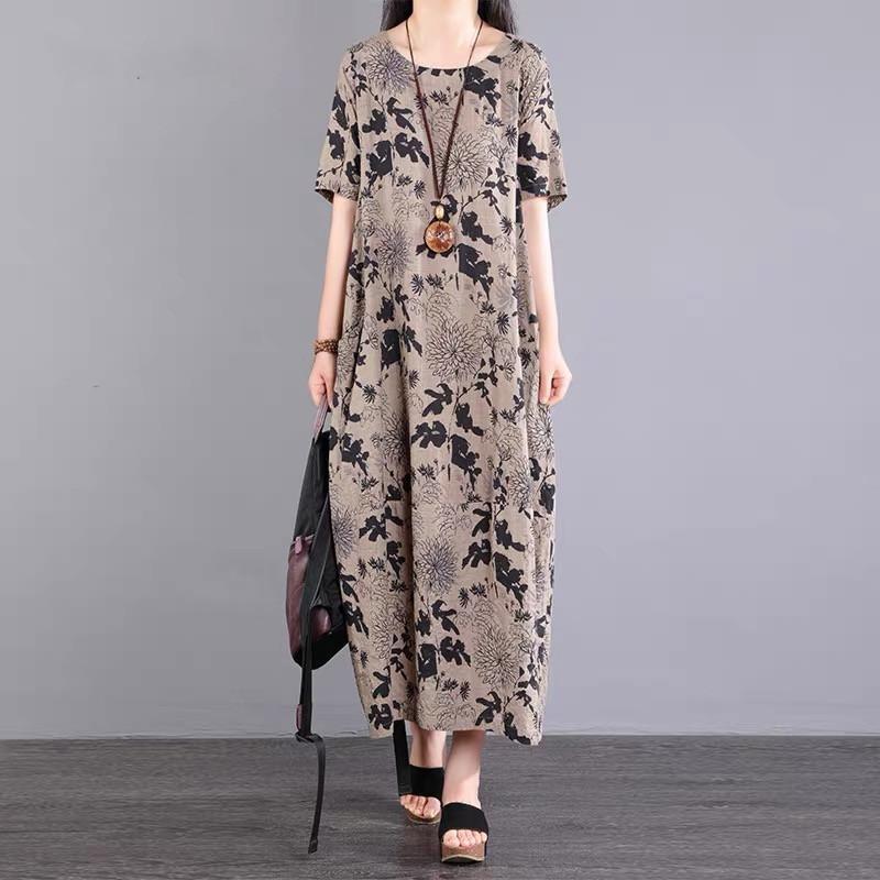 Real Shot Retro Color Dress Women's Loose Long Short-sleeved Summer Dress New Middle-aged Mother Printed Long Dress Round Neck