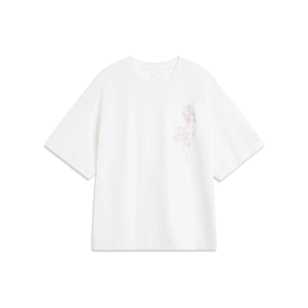 Li Ning Embroidered Butterfly Print Round Neck Short Sleeve T-Shirt Women Tops White AHST232-1