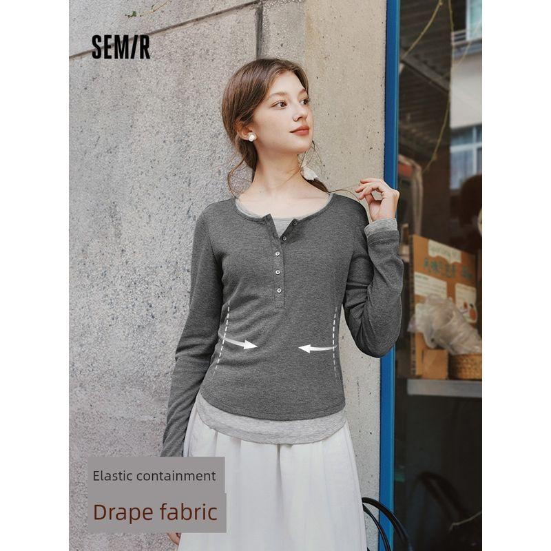 

Senma Long Sleeves T-shirt Female Henley Shirt Silm Pure Desire Tops Gray 2025 Spring New Arrival Bottoming Shirt Gentle Inner Wear Blue and white tone 00381 165/88A/L