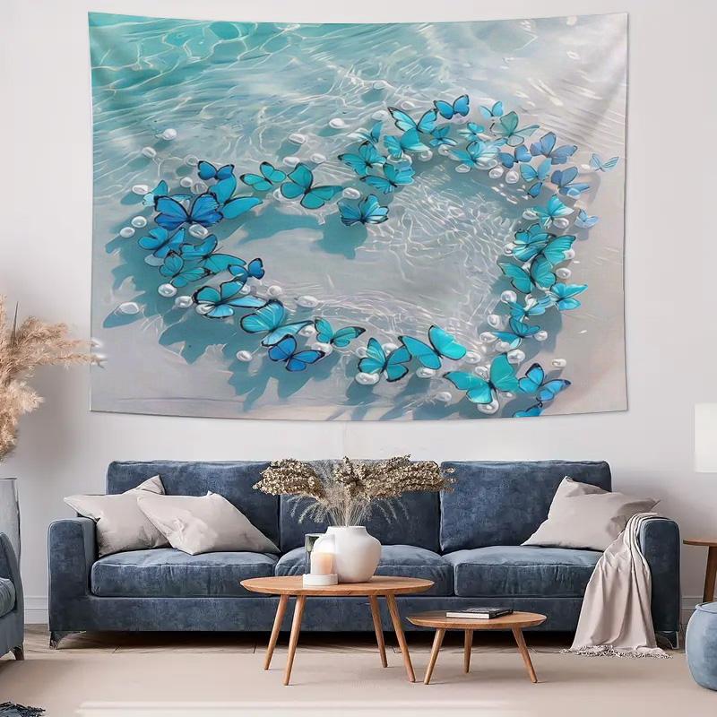 Blue Butterfly Dance HeartShaped Tapestry  Romantic and Cozy Bedroom Decor Wall Hanging Cloth