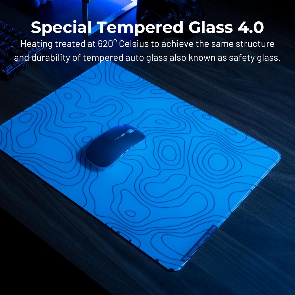 XVX White Terrain Glass Mousepad Hard Gaming Fine Etched Rubber Base x 4.0, Mousepad, Ultra-Smooth Surface, Non-Slip (410mm 310mm)