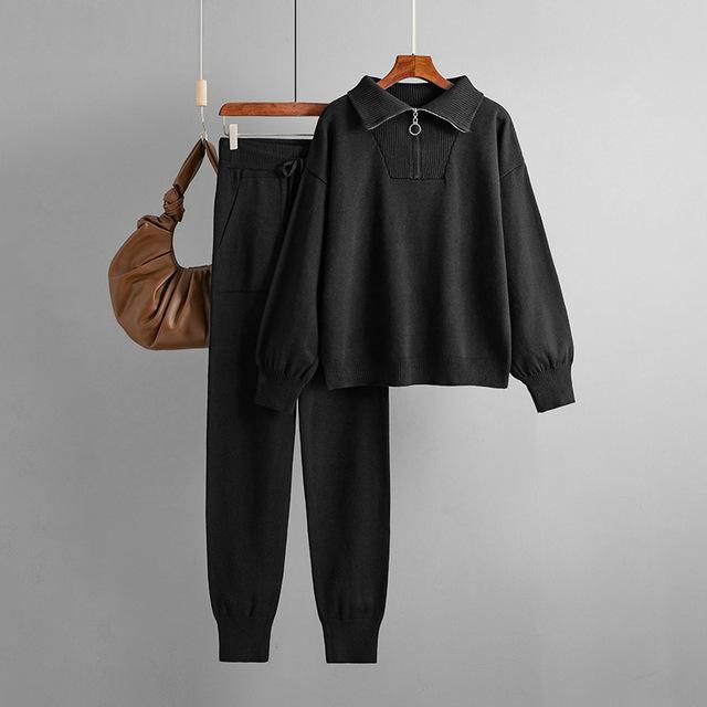 Jesień/zima damski kołnierzyk POLO Casual Knitting dwuczęściowy zestaw swetry swetry zapinane na zamek + spodnie obcisłe garnitury