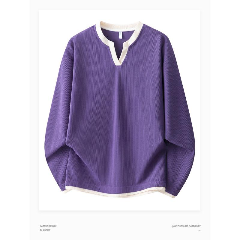 Unisex V-Neck Long Sleeve T-Shirt Loose Fit Contrast Color Casual Ribbed Top