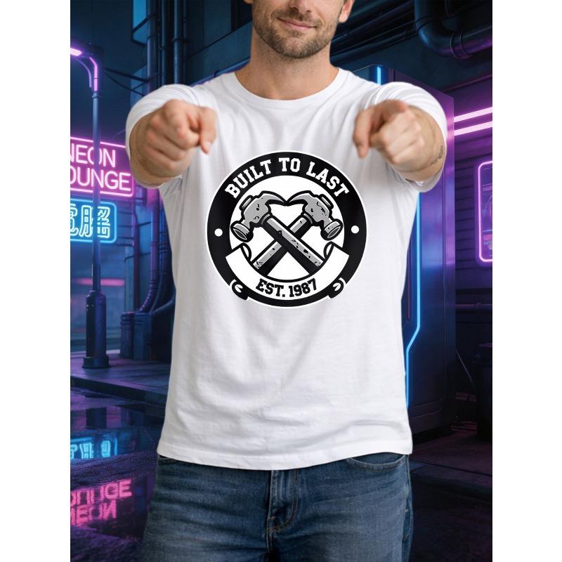 European sizes Men S Trendy Nail Hammer Pattern EST1987 Graphic T-Shirt - Casual Street Style Round Neck Tee - Comfortable Men S Fashion Trendy S