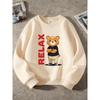 Kids Unisex Crewneck Sweatshirt, Red Vertical RELAX Cool Cartoon Bear Print Long Sleeve Pullover, Soft Sweatshirt for Boys Girls Over 4 Years Old