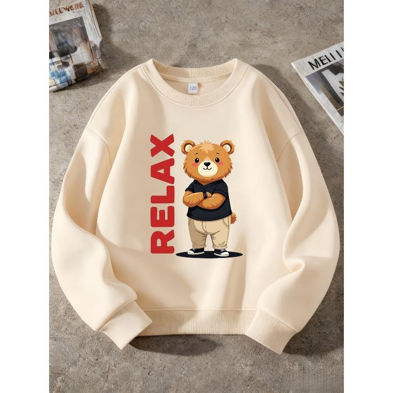 Kids Unisex Crewneck Sweatshirt, Red Vertical RELAX Cool Cartoon Bear Print Long Sleeve Pullover, Soft Sweatshirt for Boys Girls Over 4 Years Old