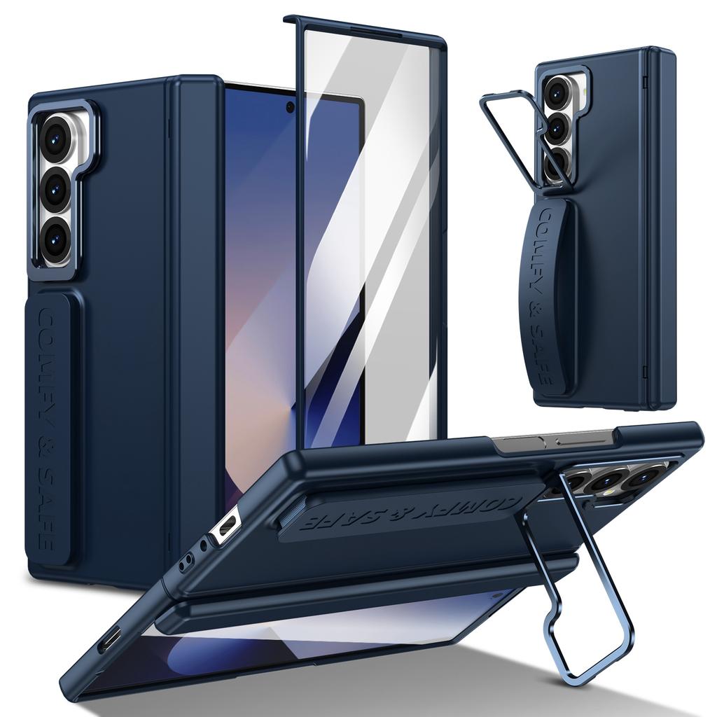 Wristband Holder Leather Case for Samsung Galaxy Z Fold 8 Ultra 7 6 5 4 3 Metal Lens Stand Screen Glass Film Protection Cover