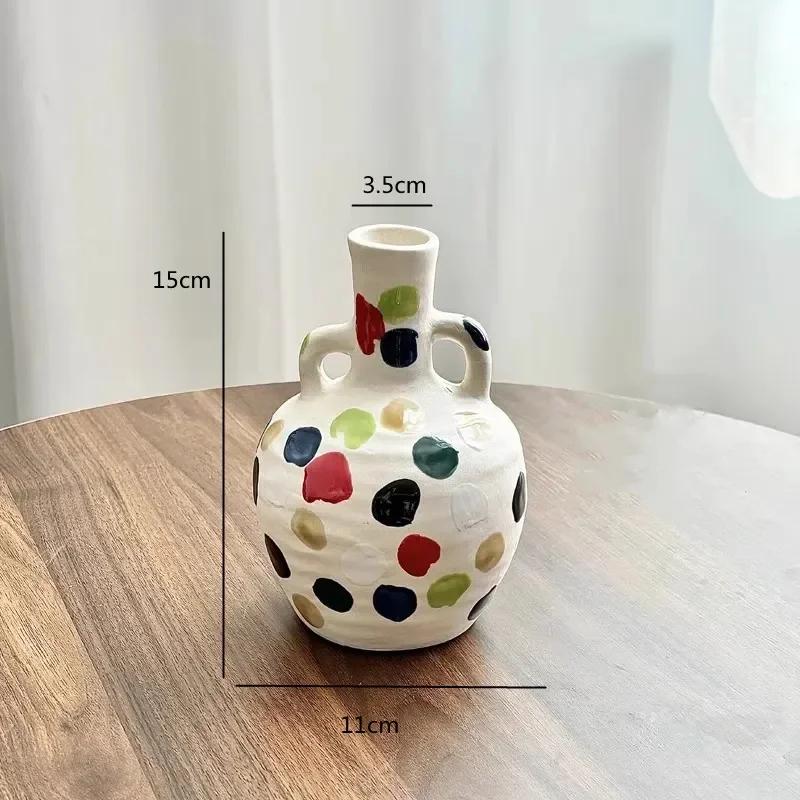 Hand Drawn Colorful Dot Ceramic Vase, Vintage French Single Handle Vase, Flower Arrangement, Living Room Decoration Ornament
