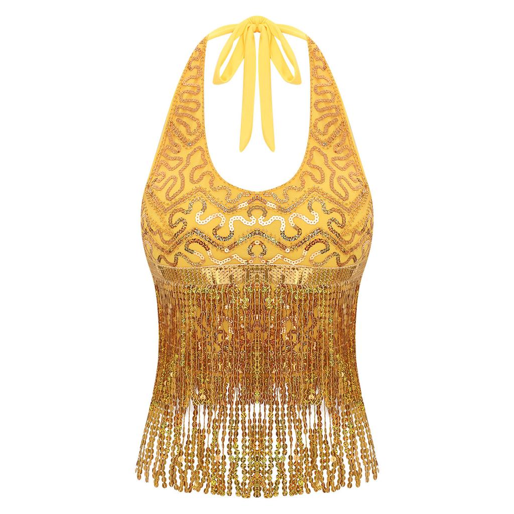 Essential Training Top for Belly Dancers: Supportive Halter Crop Top with Sequins, Lace-up Back & Tassel Details