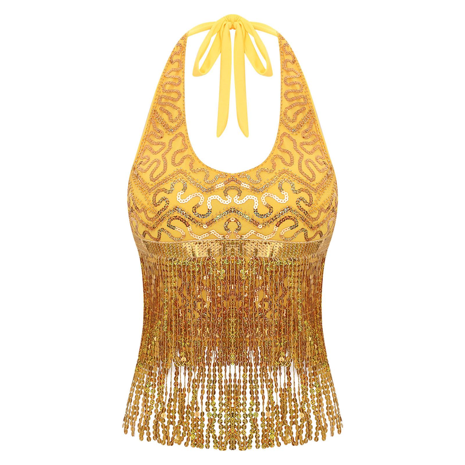 

Жіночий топ для танцю живота, халтер, на шнурівці, з паєтками та китицями, кроп-топ, сценічний костюм, костюм на Хелловін One Size золотий