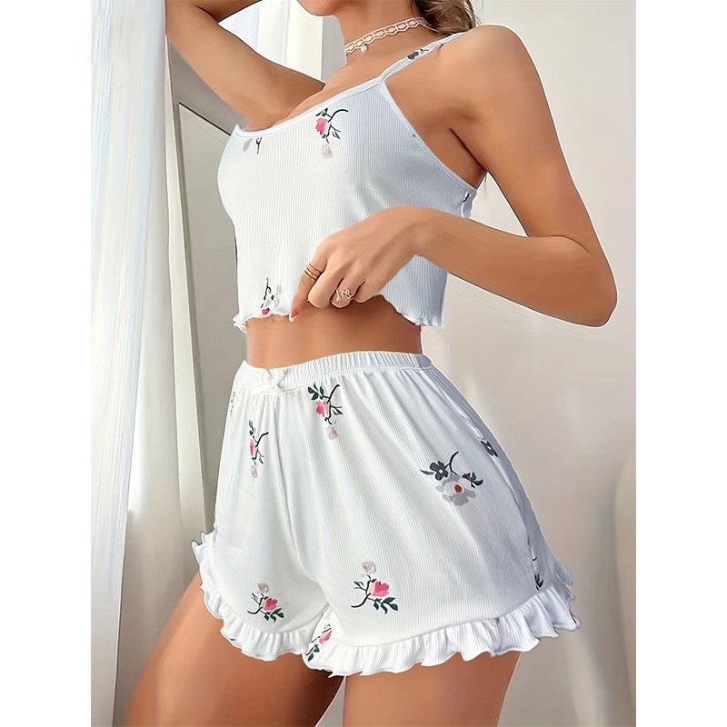 Floral-print Girls’ Strappy Top and Shorts Loungewear Set for Women, with Ruffled Trim, Suitable for Wearing Out and About