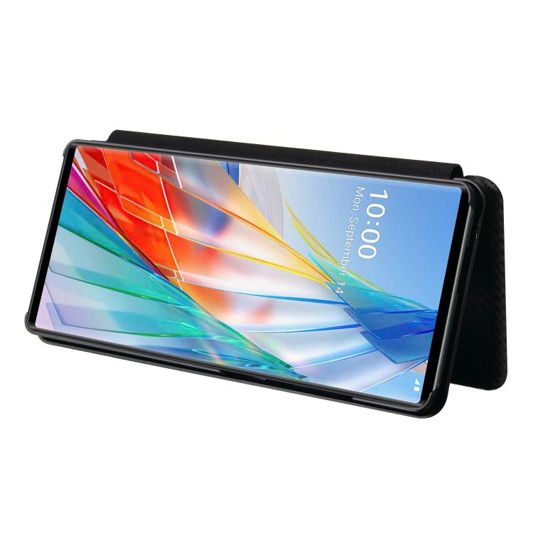 Dla LG Wing 5G Etui z Teksturą Włókna Węglowego, Poziome Flip, TPU + PC + Skóra PU z Miejscem na Karty