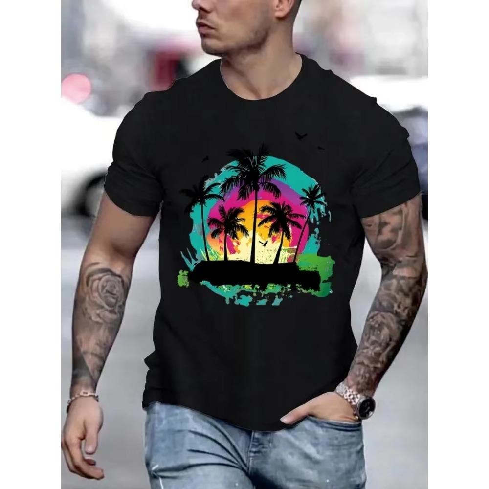 Men's Fashion Trend Casual Surfboard Printed T-shirt Round Neck Short Sleeve Top Summer New Sports Top Beach Vibe T-shirt