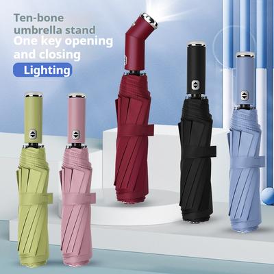 10 Bone Fully Automatic Three Fold Umbrella, Rotatable Led Flashlight, Business Wind Resistant Folding Umbrella, Sunny Umbrella