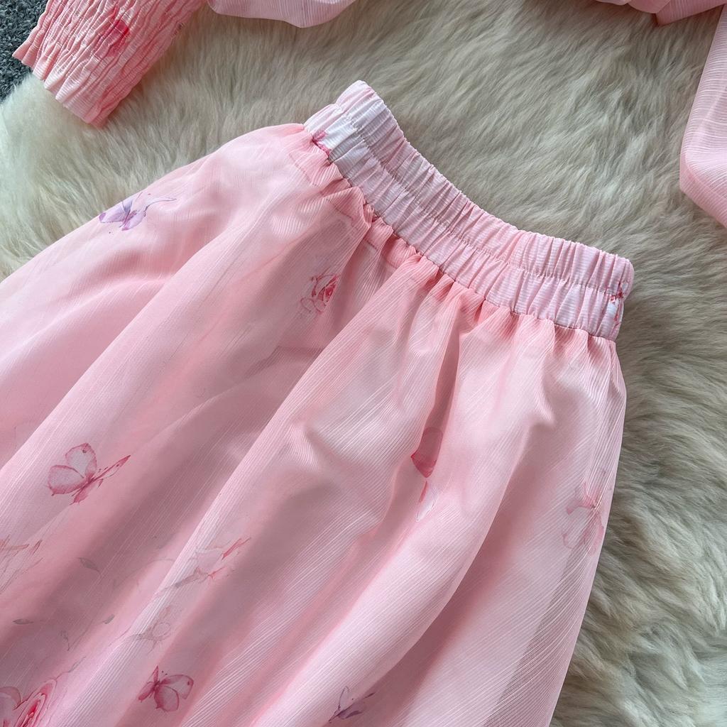 Summer Holiday Organza Gorgeous Flower 2 Piece Set Women Long Lantern Sleeve Shirt Blouse and Elastic Waist A Line Skirt Suit