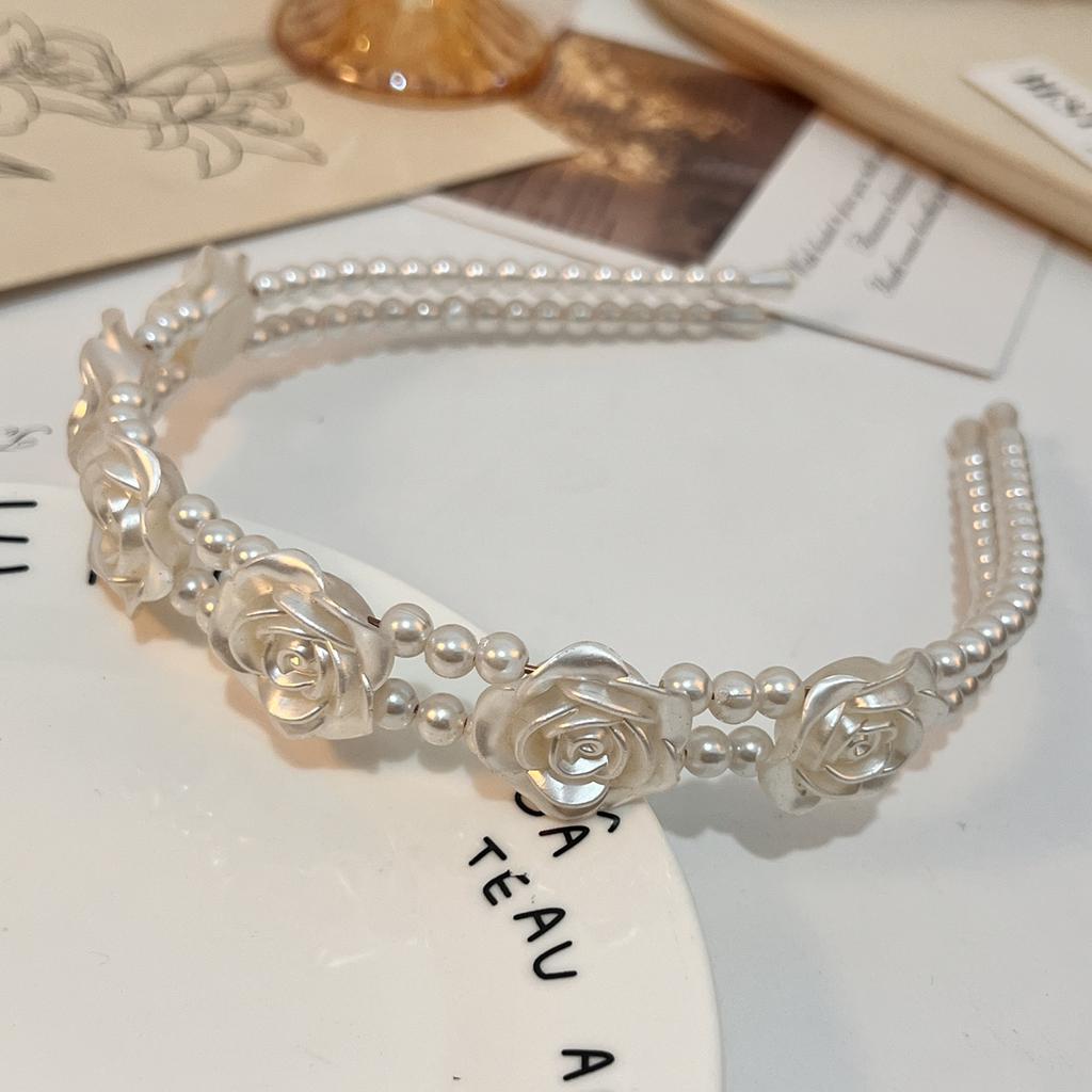 Sweet and Elegant Rose Red Faux Pearl Headband Women's Hair Accessory with Double-Layer Design, French Bridal Headpiece Suitable for Wedding