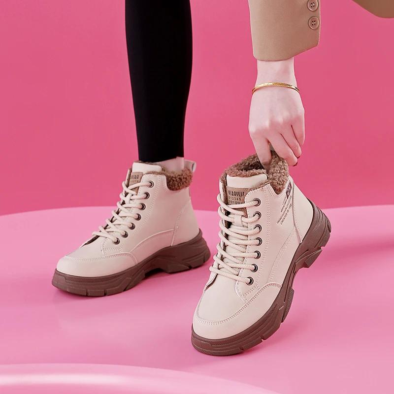 Fashion Women's Cotton Boots 2024 Winter New High Top Women Plush Warm Student Ankle Boots Thick Soled Lace Up Height Increasing Booties