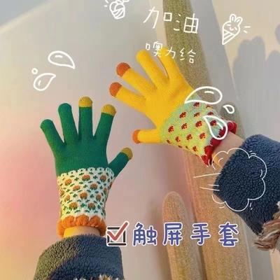 Autumn and Winter Touch Screen Knitted Gloves Warm and Cold-proof Contrasting Wool Gloves Cute Cartoon Color Fleece Riding Gloves