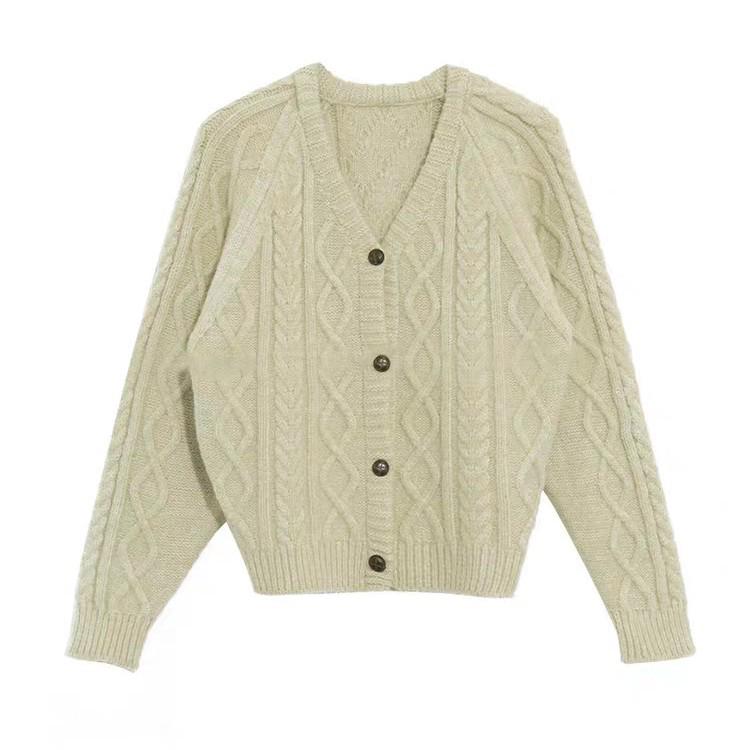 Che Jingyuan Style Light Green V-Neck Cable Knit Cardigan - Women's Korean Winter Sweater