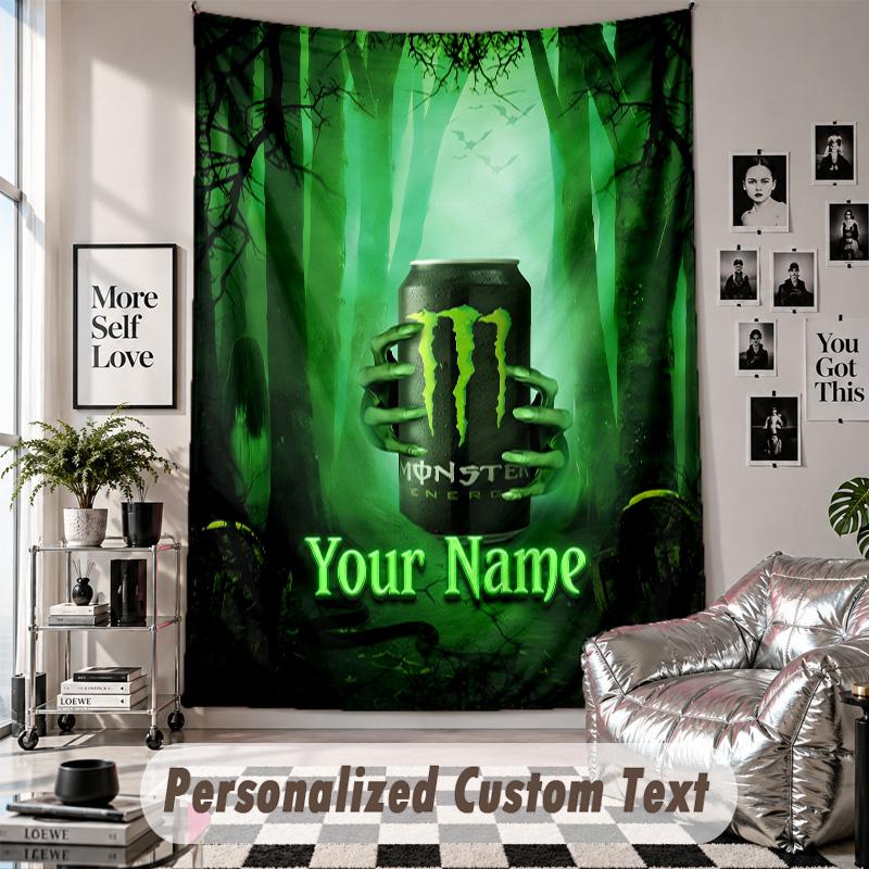 Nástěnná tapiserie s vlastním jménem a textem, Dekorativní tapiserie Monster Energy do ložnice