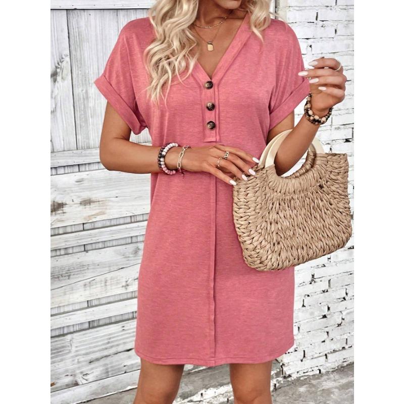 VEZFAA Moda damska Lato Wiosna Jednolity kolor Drukuj Krótki rękaw Dekolt w kształcie litery V Luźna talia Casual Sukienki