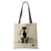 Women Handbag Linen Totes with Cat Print Casual Traveling Beach Gift Bags KTY