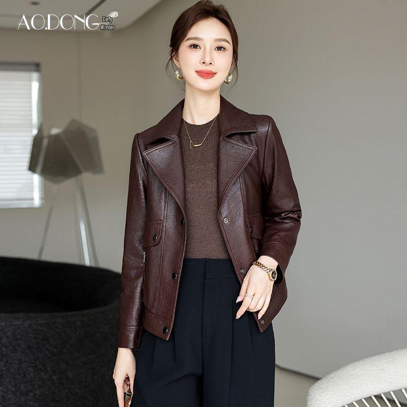 2025 Women’s Short Lambskin Leather Jacket - High-End, Long Sleeve, Turn-Down Collar, Petite Fit, Casual Spring/Autumn Outerwear